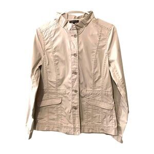Eileen Fisher Khaki Utility Jacket Sz PS Button Up Front Ruffled Collar